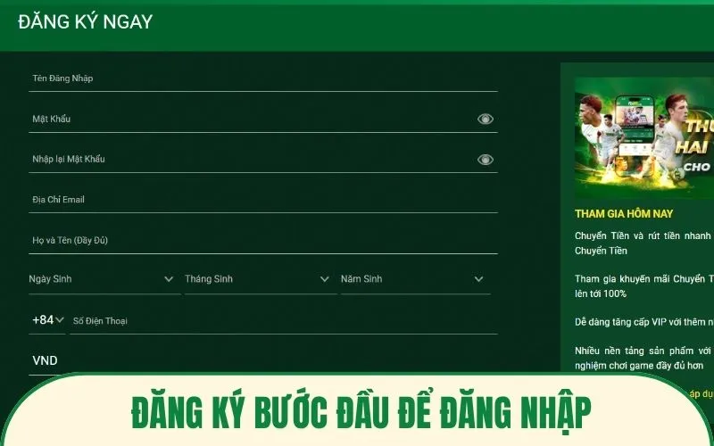 Đăng ký bước đầu để đăng nhập Fb88